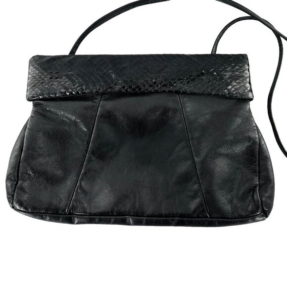 Vintage 80's Loredana Black Leather & Snakeskin Shoulder Bag Crossbody Handbag - Picture 2 of 6
